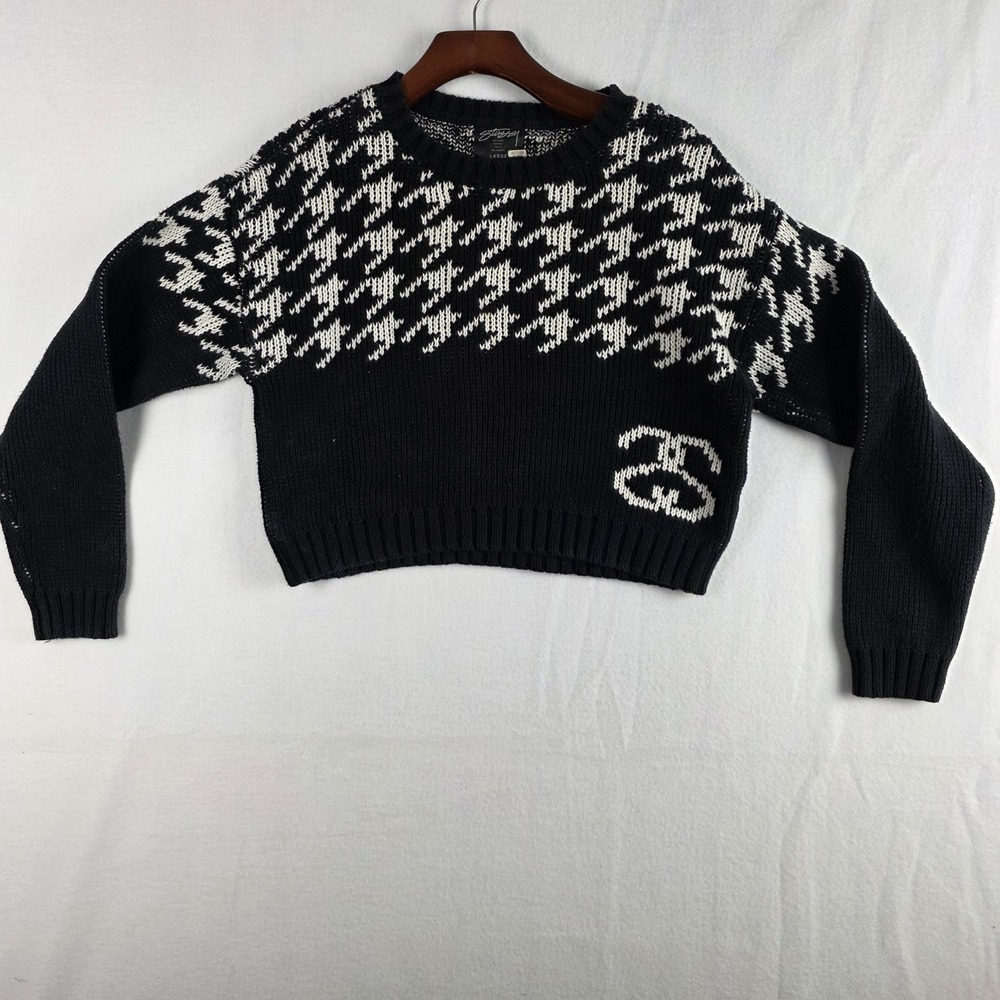 Stussy Women Black White Houndstooth SS Link Crop Knit Crewneck Sweater Size L